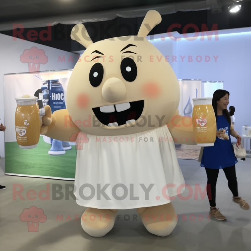 Tan Bottle Of Milk mascot costume character dressed with a Blouse and Backpacks Tan Bottle Of Milk mascot costume character dressed with a Blouse and Backpacks
