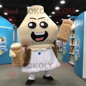 Tan Bottle Of Milk mascot costume character dressed with a Blouse and Backpacks