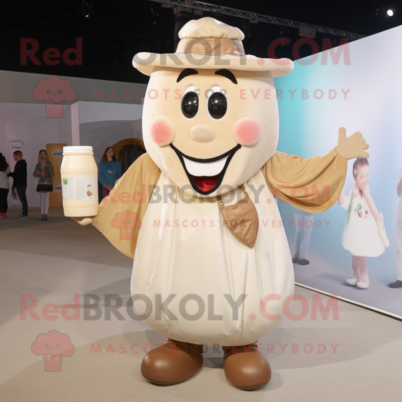 Tan Bottle Of Milk mascot costume character dressed with a Blouse and Backpacks