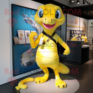 Yellow Python mascot costume character dressed with a Swimwear and Keychains