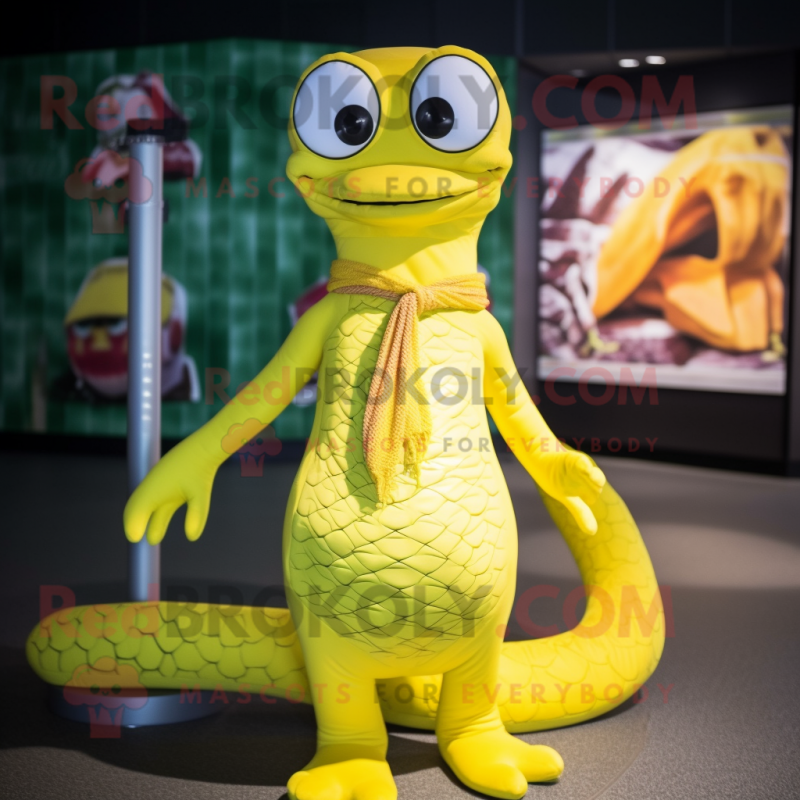 Yellow Python mascot costume character dressed with a Swimwear and Keychains Yellow Python mascot costume character dressed with a Swimwear and Keychains