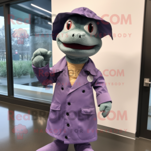 Lavender Anaconda mascot costume character dressed with a Raincoat and Bow ties