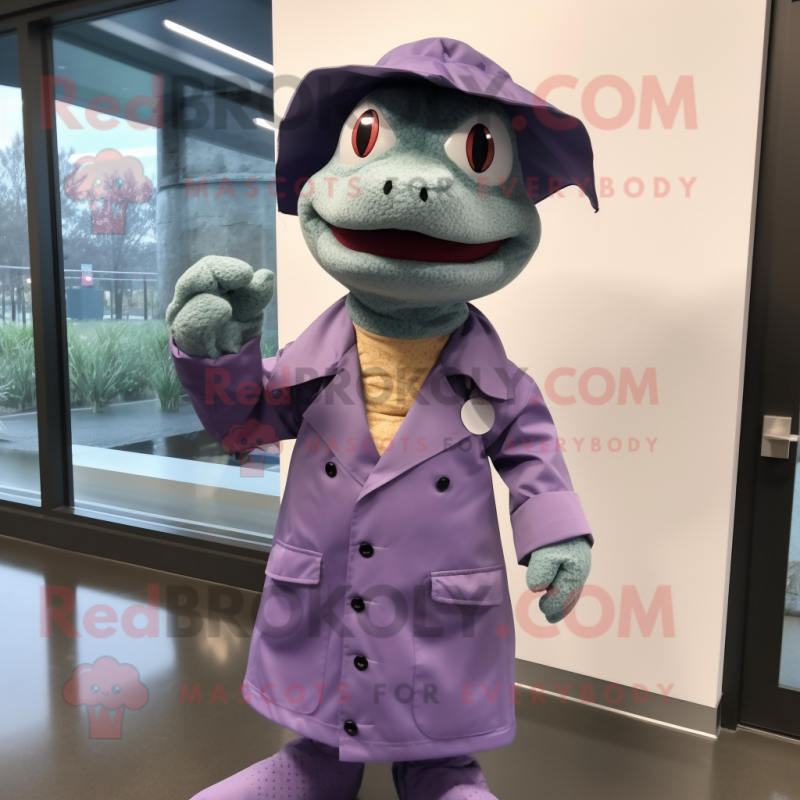 Lavender Anaconda mascot costume character dressed with a Raincoat and Bow ties