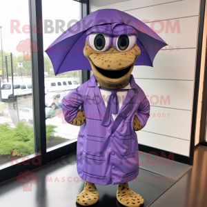 Lavender Anaconda mascot costume character dressed with a Raincoat and Bow ties