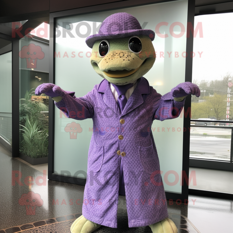 Lavender Anaconda mascot costume character dressed with a Raincoat and Bow ties