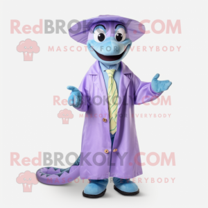 Lavender Anaconda mascot costume character dressed with a Raincoat and Bow ties