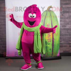 Magenta Cucumber mascot costume character dressed with a Jeggings and Scarf clips