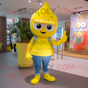 Lemon Yellow Pendant mascot costume character dressed with a Flare Jeans and Wraps