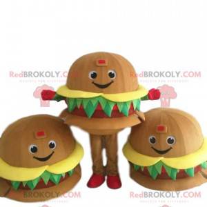 Reusachtige hamburger mascotte, lachend en smakelijk -