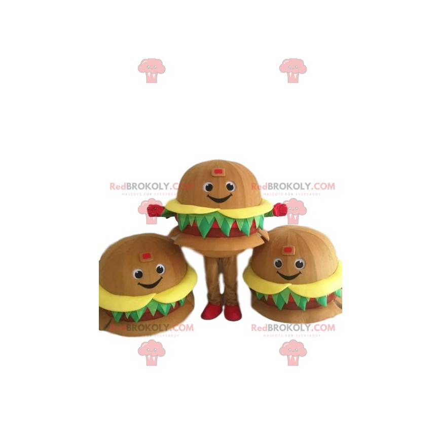 Mascote gigante de hambúrguer, sorridente e apetitoso -