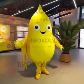 Lemon Yellow Pendant mascot costume character dressed with a Flare Jeans and Wraps