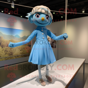 Sky Blue Tightrope Walker mascot costume character dressed with a Pleated Skirt and Tie pins