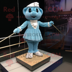 Sky Blue Tightrope Walker mascot costume character dressed with a Pleated Skirt and Tie pins