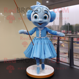 Sky Blue Tightrope Walker mascot costume character dressed with a Pleated Skirt and Tie pins