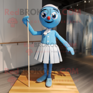 Sky Blue Tightrope Walker mascot costume character dressed with a Pleated Skirt and Tie pins