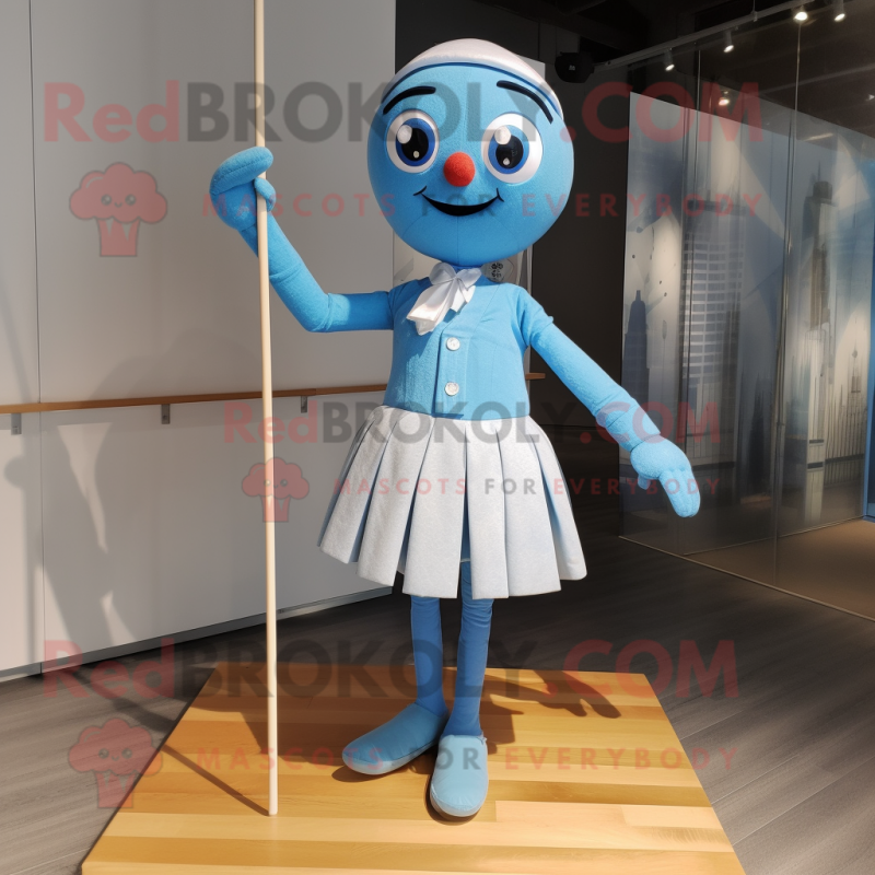 Sky Blue Tightrope Walker mascot costume character dressed with a Pleated Skirt and Tie pins Sky Blue Tightrope Walker mascot costume character dressed with a Pleated Skirt and Tie pins