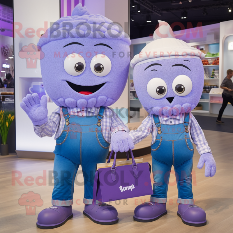 Lavender Cupcake mascot costume character dressed with a Boyfriend Jeans and Briefcases Lavender Cupcake mascot costume character dressed with a Boyfriend Jeans and Briefcases