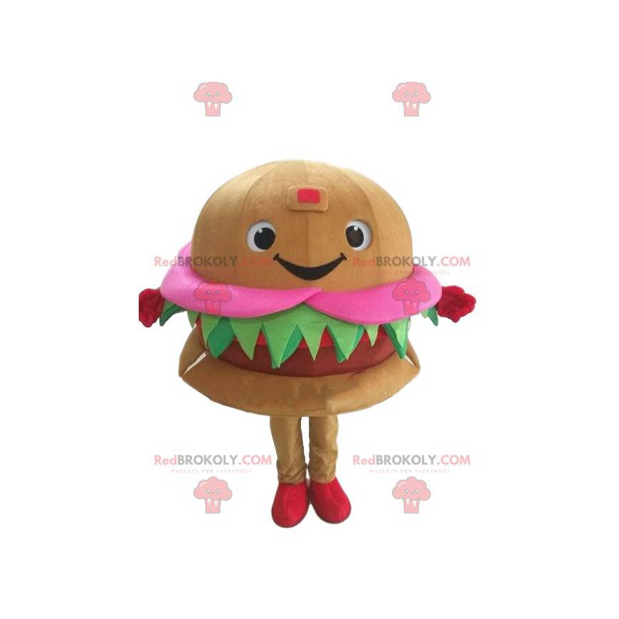 Mascota de hamburguesa sonriente y apetitosa. Disfraz de comida