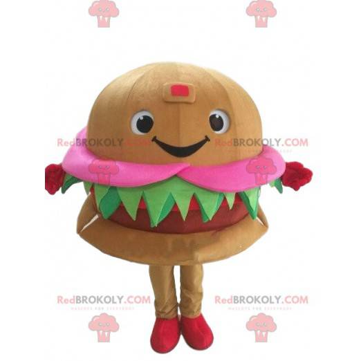 Le och aptitretande hamburgermaskot. Snabbmatdräkt -