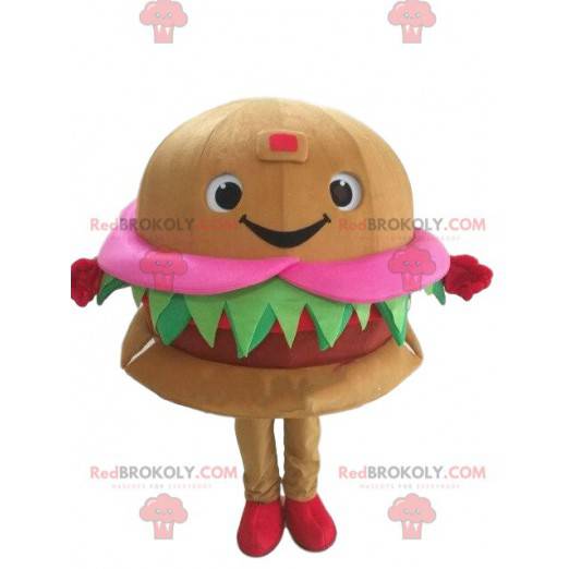 Smiling and appetizing hamburger mascot. Fast food costume -