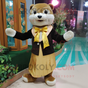 Gold Otter mascot costume character dressed with a A-Line Skirt and Bow ties