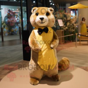 Gold Otter mascot costume character dressed with a A-Line Skirt and Bow ties