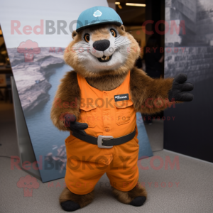 Rust Marmot mascot costume character dressed with a Jeggings and Headbands