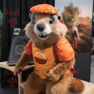 Rust Marmot mascot costume character dressed with a Jeggings and Headbands