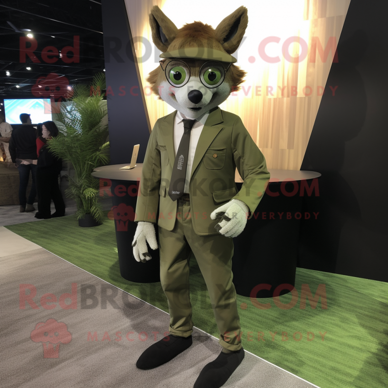 Olive Fox mascot costume character dressed with a Suit Jacket and Eyeglasses