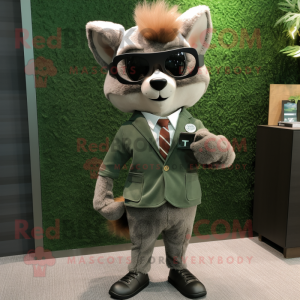 Olive Fox mascot costume character dressed with a Suit Jacket and Eyeglasses