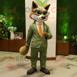 Olive Fox mascot costume character dressed with a Suit Jacket and Eyeglasses