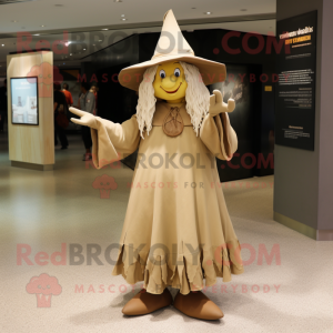 Tan Witch mascot costume character dressed with a Culottes and Hat pins