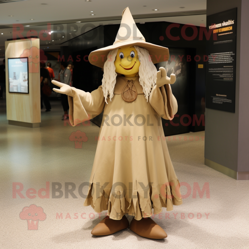 Tan Witch mascot costume character dressed with a Culottes and Hat pins Tan Witch mascot costume character dressed with a Culottes and Hat pins