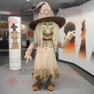 Tan Witch mascot costume character dressed with a Culottes and Hat pins