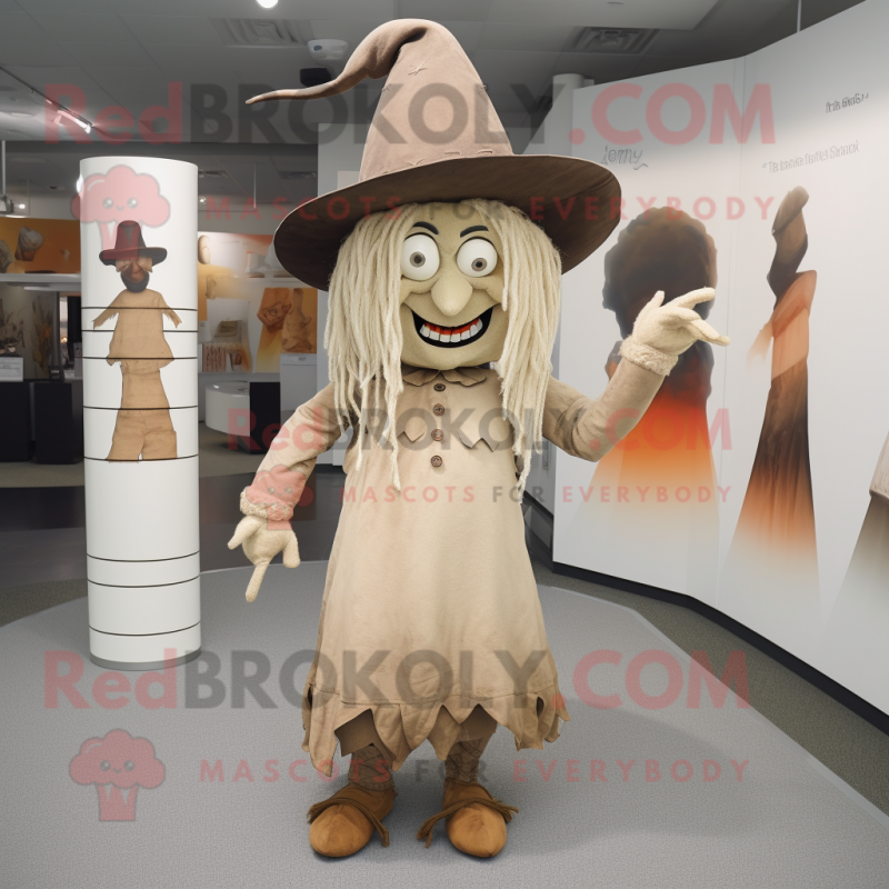 Tan Witch mascot costume character dressed with a Culottes and Hat pins Tan Witch mascot costume character dressed with a Culottes and Hat pins