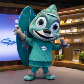 Teal Surfboard mascot costume character dressed with a Circle Skirt and Briefcases