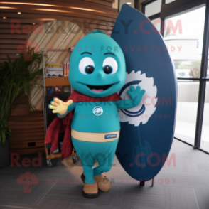 Teal Surfboard mascot costume character dressed with a Circle Skirt and Briefcases