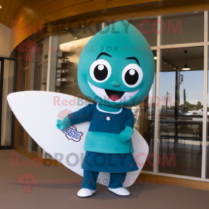 Teal Surfboard mascot costume character dressed with a Circle Skirt and Briefcases