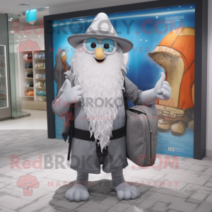 Gray Wizard mascot costume character dressed with a One-Piece Swimsuit and Messenger bags