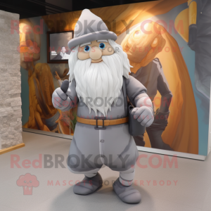 Gray Wizard mascot costume character dressed with a One-Piece Swimsuit and Messenger bags