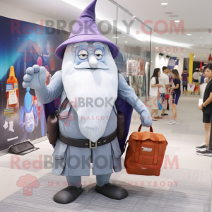 Gray Wizard mascot costume character dressed with a One-Piece Swimsuit and Messenger bags