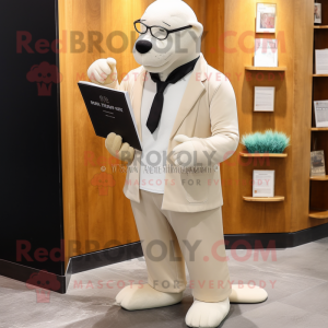 Cream Sea Lion mascot costume character dressed with a Suit Pants and Reading glasses