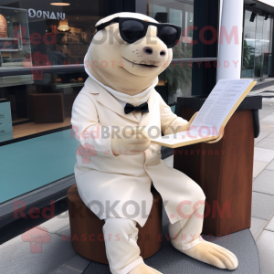 Cream Sea Lion mascot costume character dressed with a Suit Pants and Reading glasses