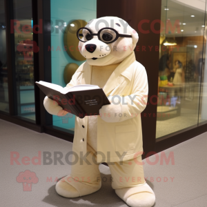 Cream Sea Lion mascot costume character dressed with a Suit Pants and Reading glasses
