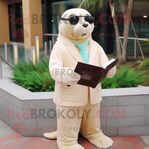 Cream Sea Lion mascot costume character dressed with a Suit Pants and Reading glasses