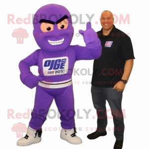 Purple Gi Joe mascot costume character dressed with a Sweatshirt and Ties