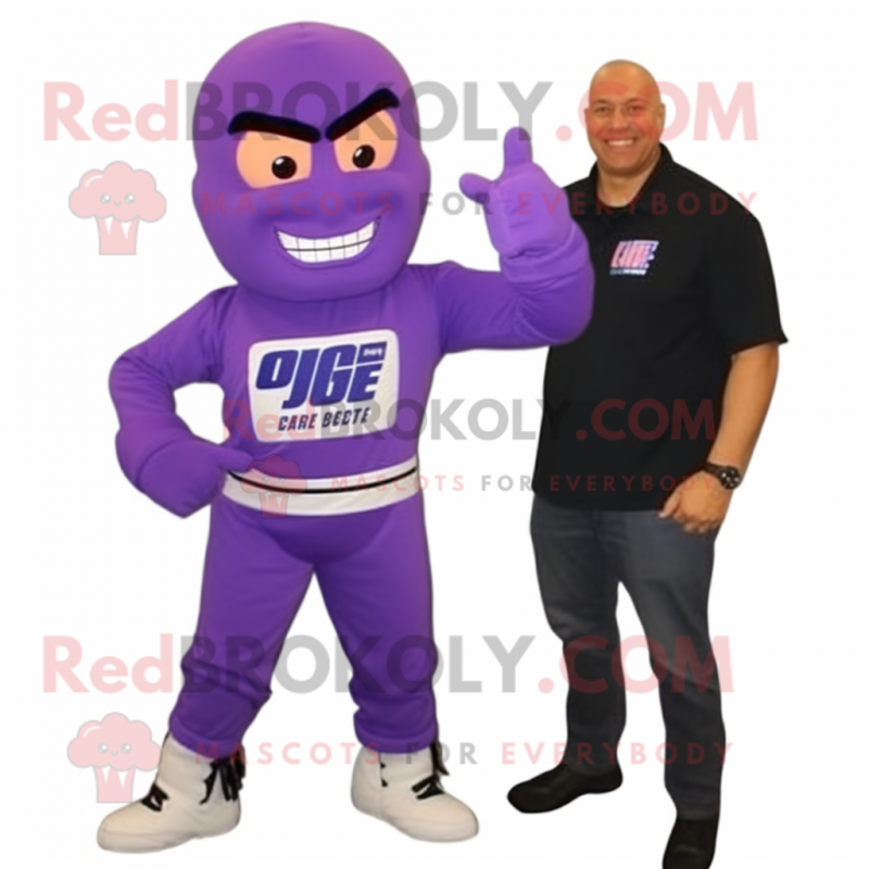 Purple Gi Joe mascot costume character dressed with a Sweatshirt and Ties Purple Gi Joe mascot costume character dressed with a Sweatshirt and Ties