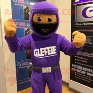 Purple Gi Joe mascot costume character dressed with a Sweatshirt and Ties