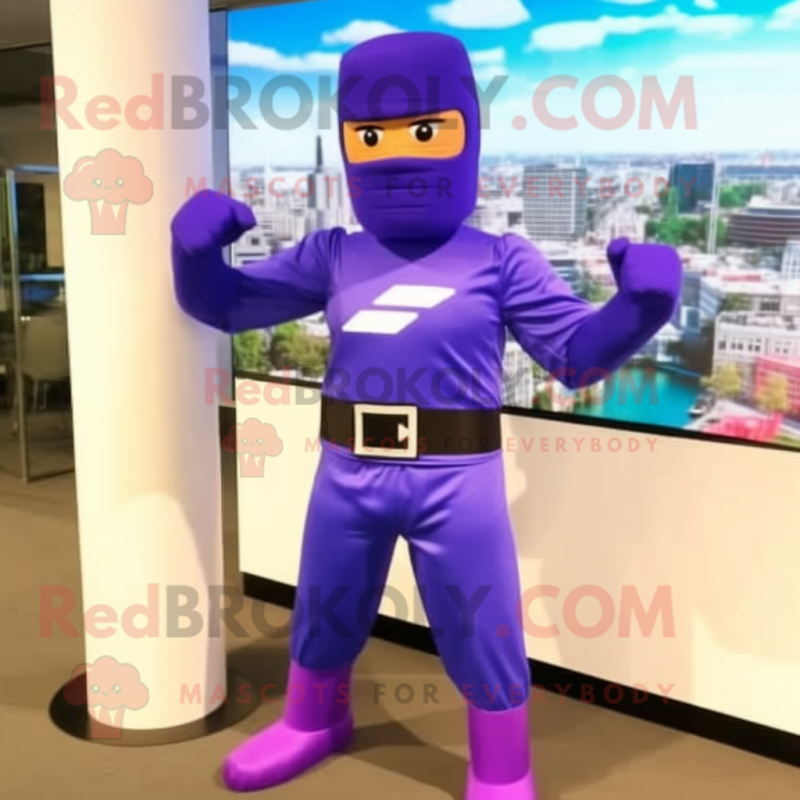 Purple Gi Joe mascot costume character dressed with a Sweatshirt and Ties