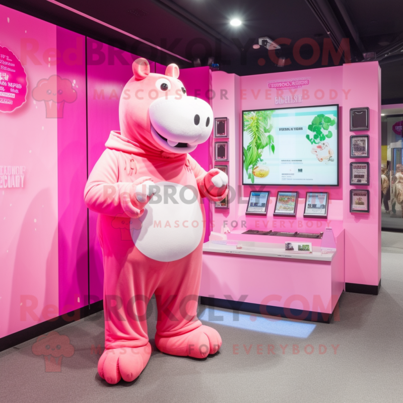 Pink Hippopotamus mascot costume character dressed with a Romper and Coin purses Pink Hippopotamus mascot costume character dressed with a Romper and Coin purses
